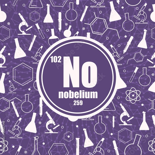 Nobelium chemical element. Sign with atomic number and atomic weight. Chemical element of periodic table. Connected lines with dots. Circle frame with icons.