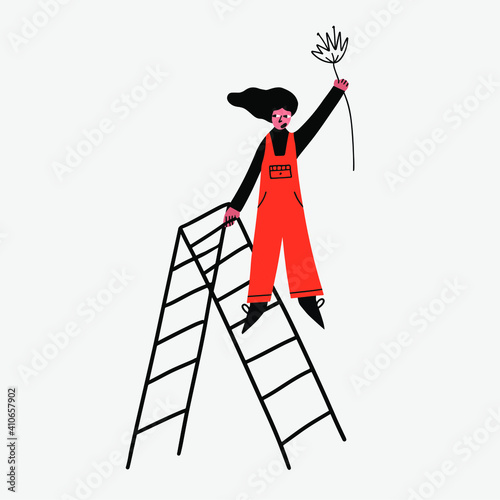 woman on a hill on the stairsat a protest and at a rally.Feminist struggle for the rights of women: Check your privilege,Woke,Othering, 
Heteronormative,Double burden, Glass ceiling.Woman's day photo