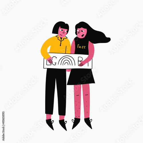 vector illustration - lgbt female couple with a poster in support of gender equality.Women s pride protest for freedom of sexual orientation. Isolated on a white background. Hand drawing characters.
