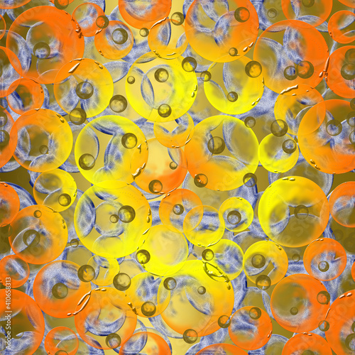 Seamless raster pattern. Gold, yellow, blue, orange translucent circles of different sizes scattered chaotically on a gold background.