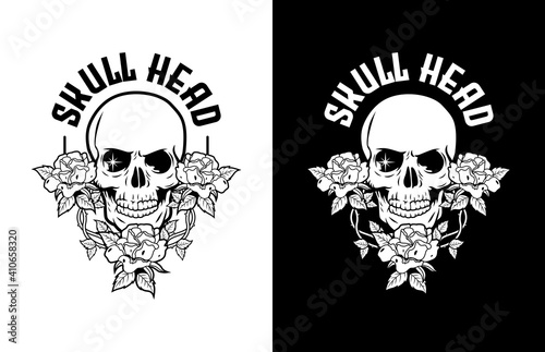 illustration of skull head with American flag, guns and red roses