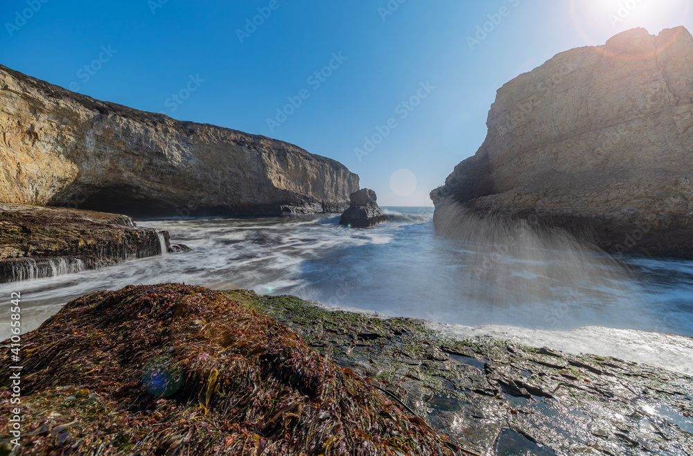 Shark fin cove, beautiful beach landscape on the coast of the California Highway, ocean, rocks, great sky, clear sunny weather. Shark fin cove, beautiful beach landscape on the coast of the California Highway, ocean, rocks, great sky, clear sunny weather.