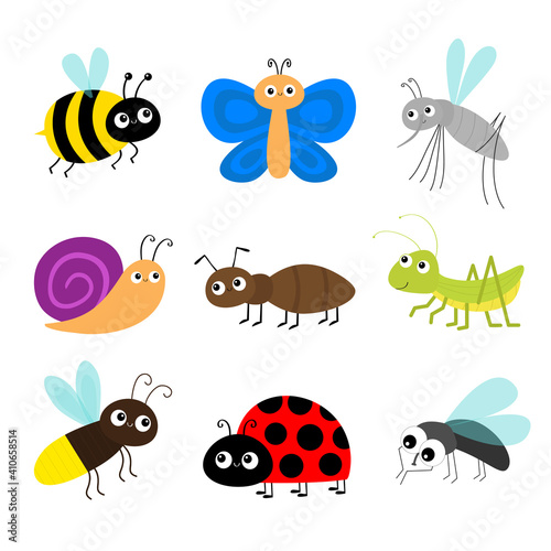 Grasshopper, fly, firefly, ant, mosquito, bee bumblebee, butterfly, snail cochlea, lady bug ladybird flying insect icon set. Ladybug. Cute cartoon kawaii character. Flat design. White background © worldofvector