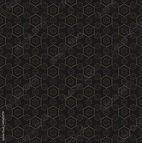 Golden minimalist vector seamless pattern. Simple delicate geometric texture with small linear hexagons, grid. Subtle modern gold and black minimal background. Luxury repeated decorative design