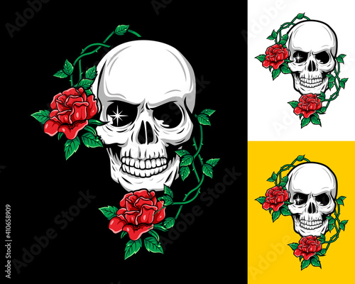 illustration of skull head with American flag, guns and red roses