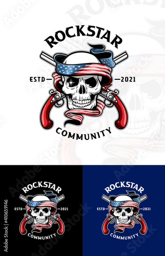 illustration of skull head with American flag, guns and red roses