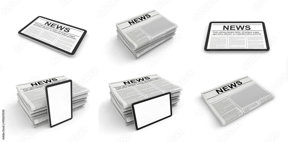 Newspaper and tablet pc on a white background. Blank space for news page template. 3D rendering