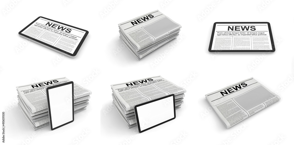 Newspaper and tablet pc on a white background. Blank space for news page template. 3D rendering Newspaper and tablet pc on a white background. Blank space for news page template. 3D rendering