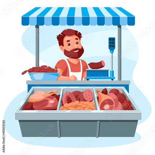 
Meat stall, a salesman behind a counter sells sausages, meat and delicacies. Cartoon illustration on a white background.