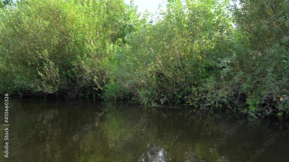 Beautiful green rivershore as seen from moving fishing boat from river water. Scenic summer landscape of Ukrainian countryside Beautiful green rivershore as seen from moving fishing boat from river water. Scenic summer landscape of Ukrainian countryside