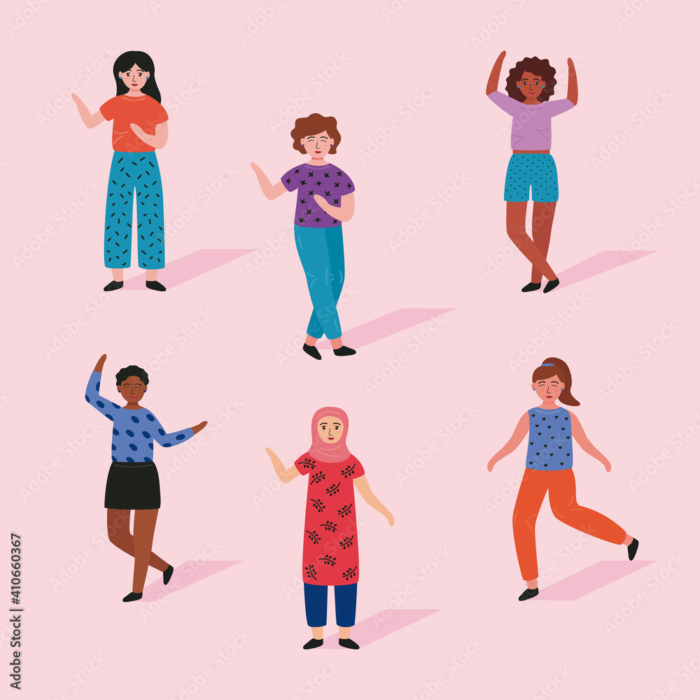 group of six young women standing avatars characters group of six young women standing avatars characters