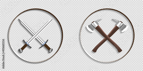 Round icons with two crossed swords, axes and shadows EPS10
