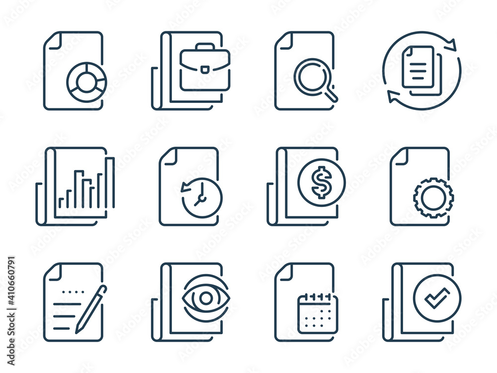 Report, Business document and Research list related vector line icons. Documentation and File management outline icon set. Report, Business document and Research list related vector line icons. Documentation and File management outline icon set.