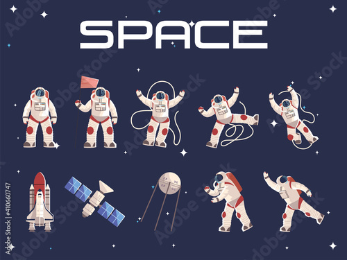space astronaut character in spacesuit satellite spaceship