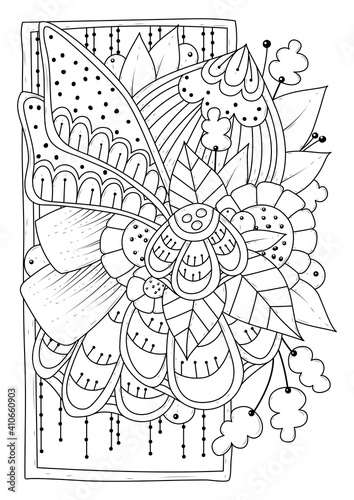 Coloring page for children and adults. Raster illustration with abstract flowers. Black-white background for coloring  printing on fabric or paper.