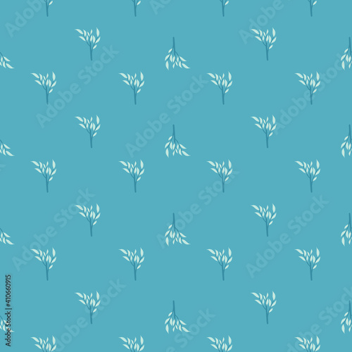 Abstract nature seamless pattern with light leaf branches ornament. Blue bright background. Little print.