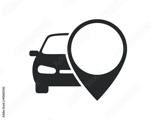 Car with map pointer graphic icon. Rent a car sign isolated on white background. Symbol of car sharing. Vector illustration