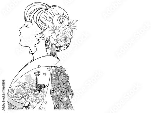 晴れ着の女性_横向き_目を閉じて上を見る_線画ai2