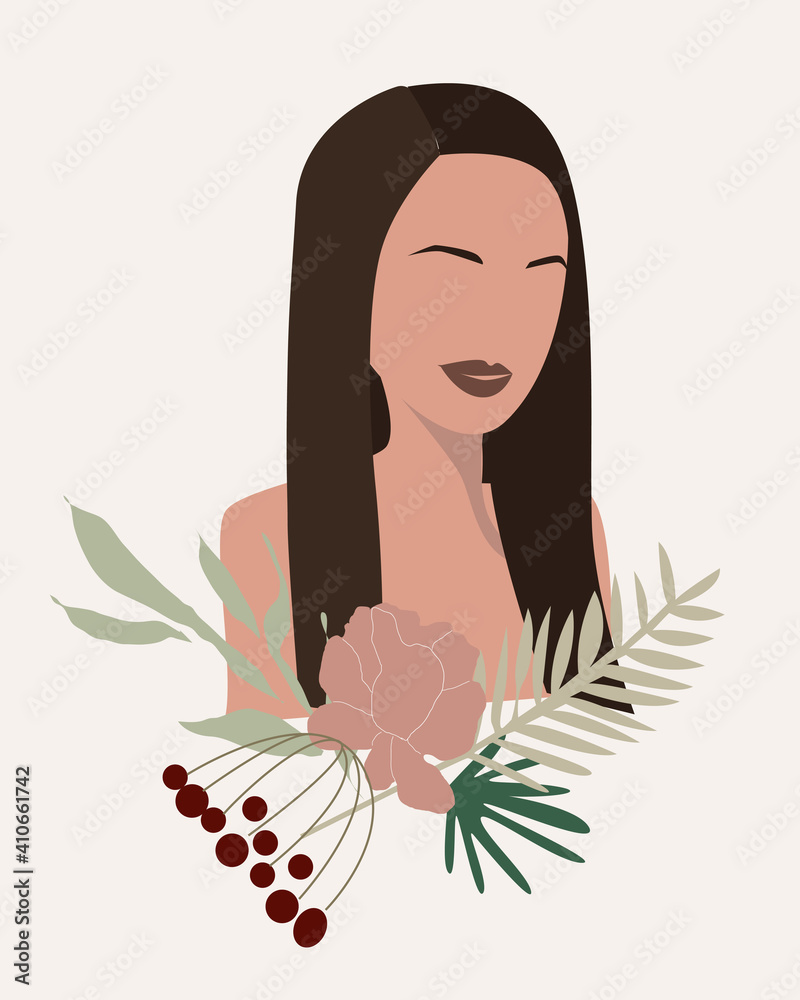 Floral woman modern womens prints. Women with flowers together. The minimal portrait of a girl. Vector illustration Floral woman modern womens prints. Women with flowers together. The minimal portrait of a girl. Vector illustration