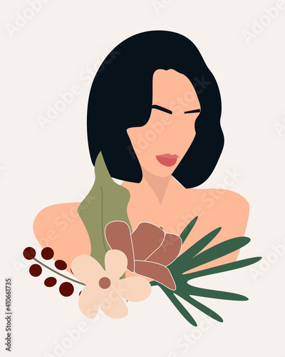 Floral woman modern womens prints. Women with flowers together. The minimal portrait of a girl. Vector illustration