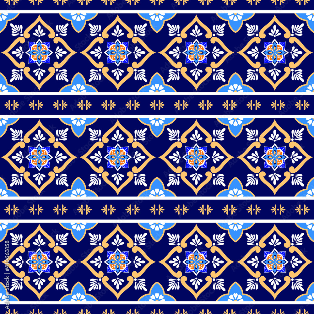 Italian tile pattern vector border seamless with blue ornament. Vintage ceramic motif texture. Spanish, portuguese azulejos, mexican talavera, sicily majolica. Mosaic background for wall or floor.
