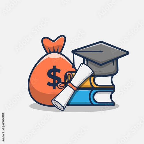 cartoon hat and graduation letter, book, money bag vector illustration design. scholarship design concept. flat cartoon style