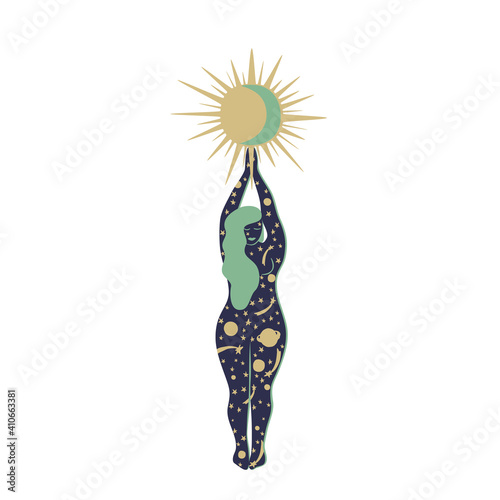 Solstice celebration illustration with blue woman holding sun and moon and colored stars and planets. Trendy female print design, decoration poster, card, festival invitation, banner