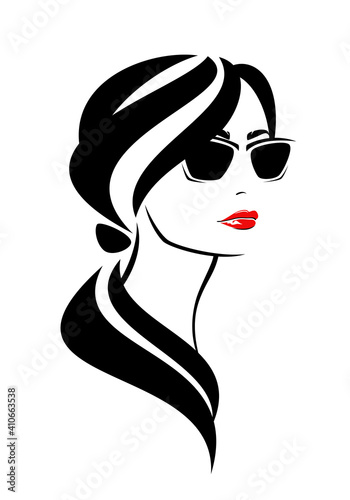elegant woman with low ponytail wearing red lipstick and sunglasses - glamour and beauty concept vector portrait