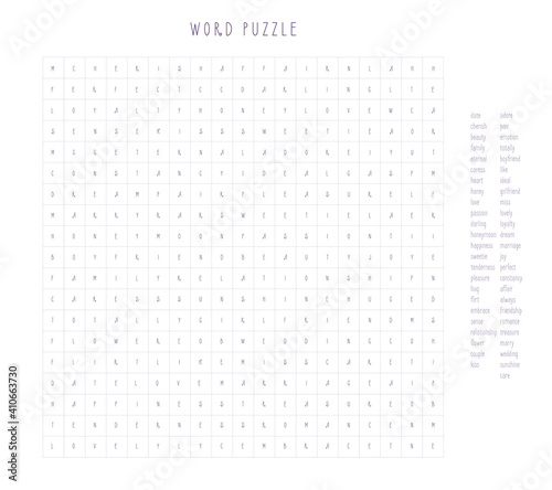 Valentines day word puzzle crossword - find the listed words about love in the brain work puzzle. attentiveness test, riddle game in English. words are located forward and down