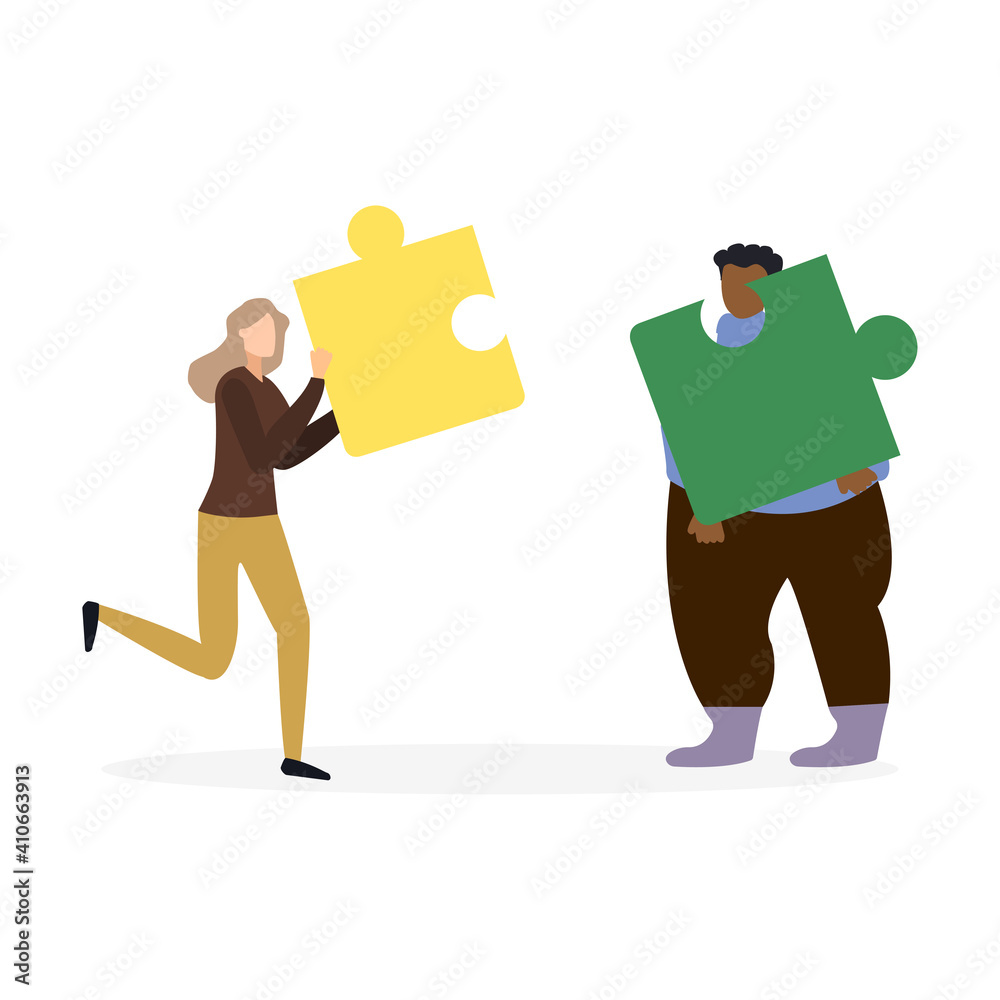 Obraz premium Business concept. Team metaphor. people connecting puzzle elements. Vector illustration flat design style. Symbol of teamwork, cooperation, partnership.