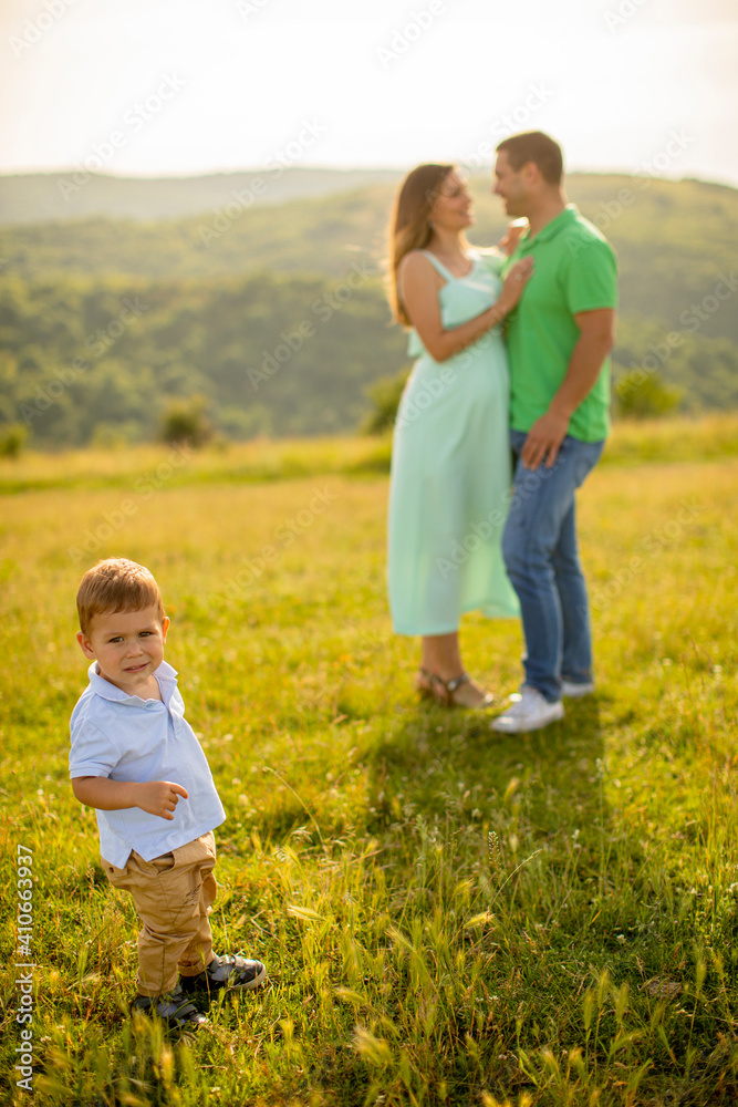 Young family with cute little boy having fun outdoors in the field Young family with cute little boy having fun outdoors in the field