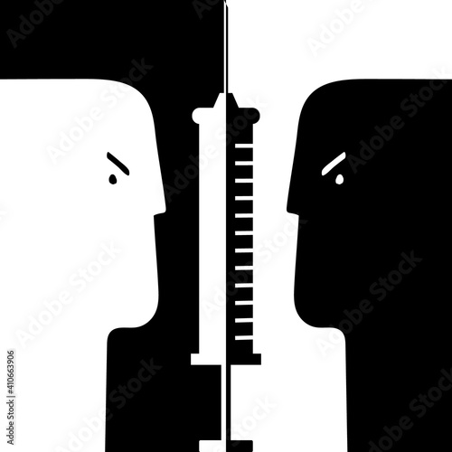 Silhouette symbol. syringe and two opposing views. Concept of anti vaccination and antivaxxers. Stop vaccine. Dilemma, controversy, pros and cons. of immunization.