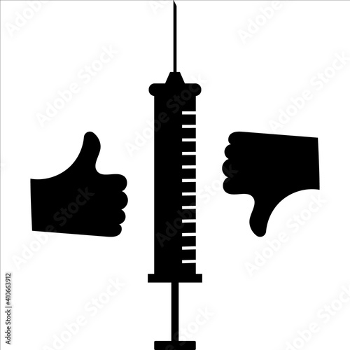 Silhouette symbol. syringe and question mark symbol. Injection forbidden. Concept of anti vaccination and antivaxxers. Stop vaccine. Dilemma, controversy, pros and cons. of immunization.