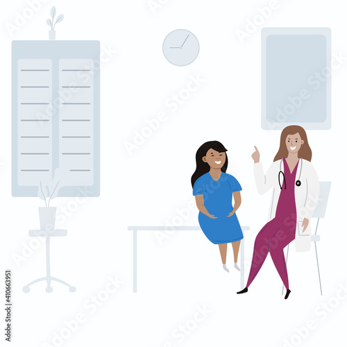 Vector hand drawn illustration of pediatrician medical office visit concept. Caucasion doctor with sirynge and happy asian girl child.