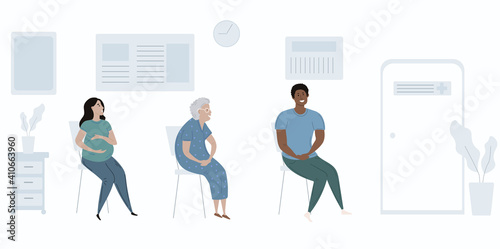 Patients diverse people in doctors waiting room vector illustration. Cartoon flat pregnant woman, black man , old woman characters sit and wait for doctoral appointment in the waiting room. Medical