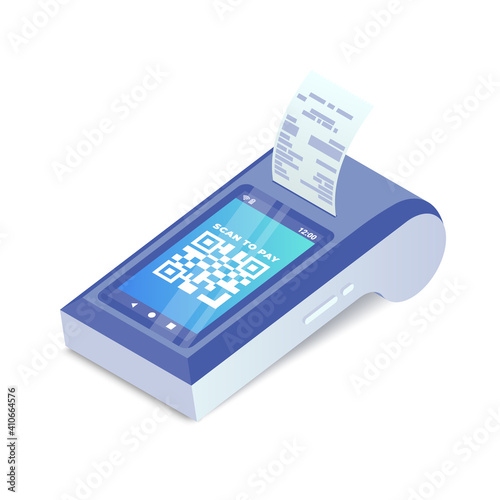 Cashless Payment machine with qr code on screen isometric concept. 3d Contactless payment, smart terminal with online cash desk. Scan to pay barcode vector concept