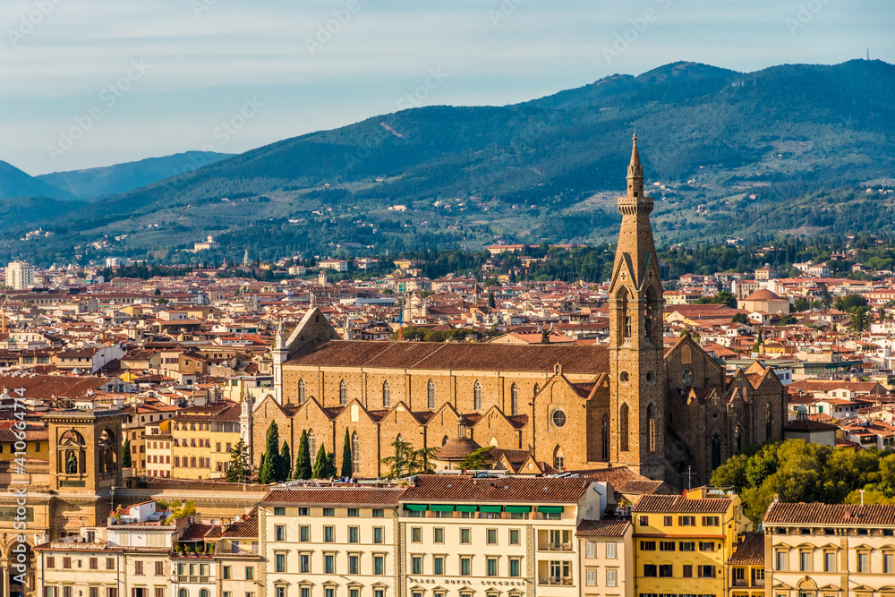 Beautiful panoramic view overlooking the famous Basilica di Santa Croce, also known as the Temple of the Italian Glories (Tempio dell'Itale Glorie) in Florence; seen from Piazzale Michelangelo.