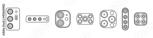 Smartphone Camera Different Sizes line icons set. One, Two, Three, Four Cameras Phone pack. Vector isolated on white background EPS 10
