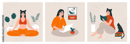 Self development concept. Young woman performing activities for personal growth: reading books, meditating, working. Home routine, everyday life, daily tasks of a girl. Set of vector illustrations