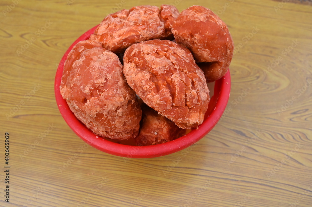 Pure jaggery in a bowl up front view Pure jaggery in a bowl up front view