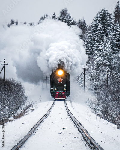 Obraz na plátně Vertical shot of a train emitting smoke in the forest in the winter