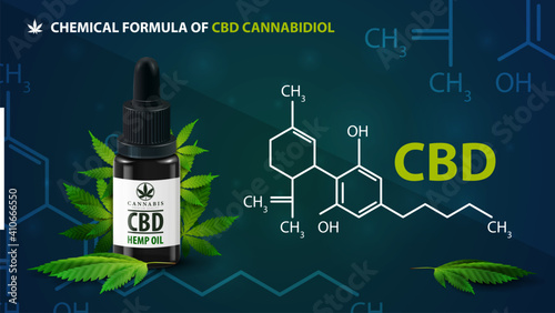 Chemical formula of CBD cannabidiol and CBD oil bottle with cannabis leafs. Dark poster with infographic of chemical formula of CBD cannabidiol