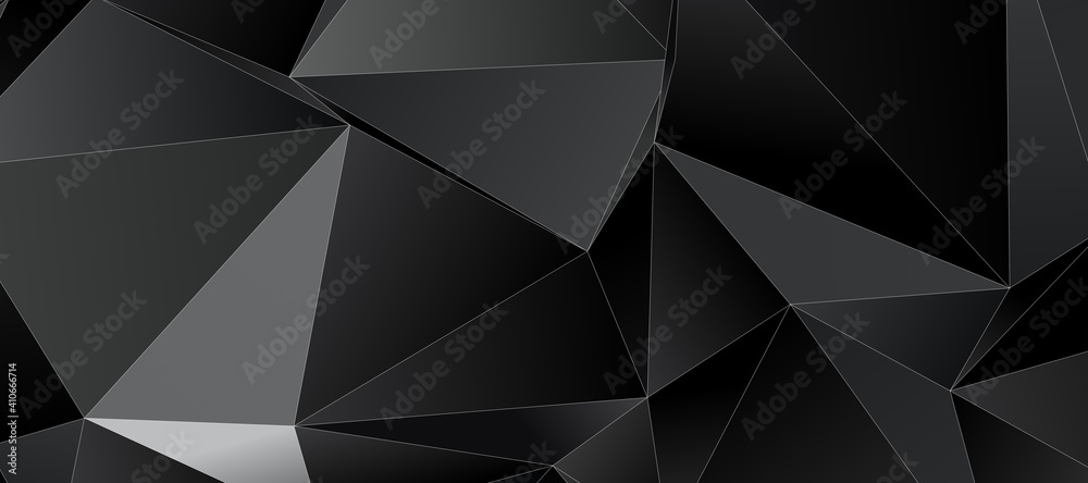 Abstract black triangle background with thin white stroke, low poly pattern illustration