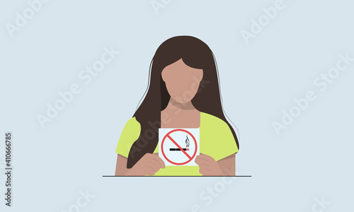 Woman holding a sign no smoking. Smoking problem. No smoking flat background. Crossed cigarette. Smoking kills. Vector illustration. Flat design