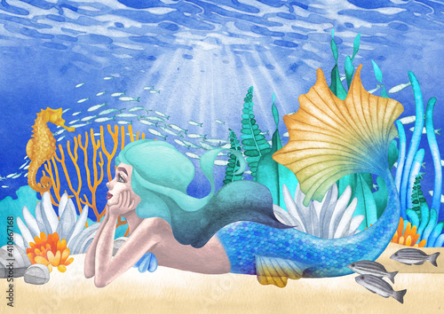 Watercolor mermaid lies at the ocean sandy bottom among the coral reef plants and fish