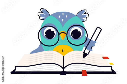 Wise Owl in Glasses, Cute Bird Teacher Cartoon Character Writing with Pen in Notebook Vector Illustration