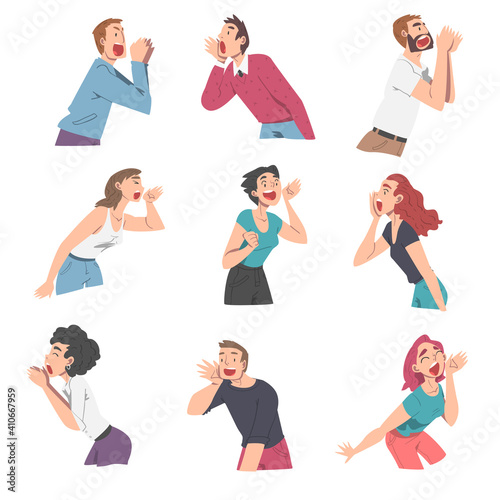 People Characters Shouting and Screaming Loud to the Side Holding Hand Near Mouth Vector Illustration Set