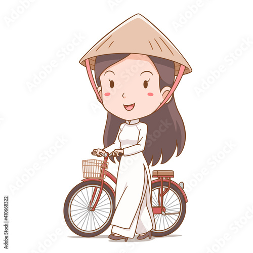 Cartoon character of Vietnamese girl in traditional costume walking with bicycle.