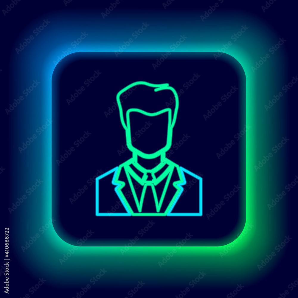 Glowing neon line User of man in business suit icon isolated on black background. Business avatar symbol - user profile icon. Male user sign. Colorful outline concept. Vector. Glowing neon line User of man in business suit icon isolated on black background. Business avatar symbol - user profile icon. Male user sign. Colorful outline concept. Vector.