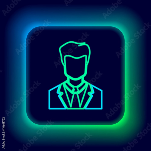 Glowing neon line User of man in business suit icon isolated on black background. Business avatar symbol - user profile icon. Male user sign. Colorful outline concept. Vector.
